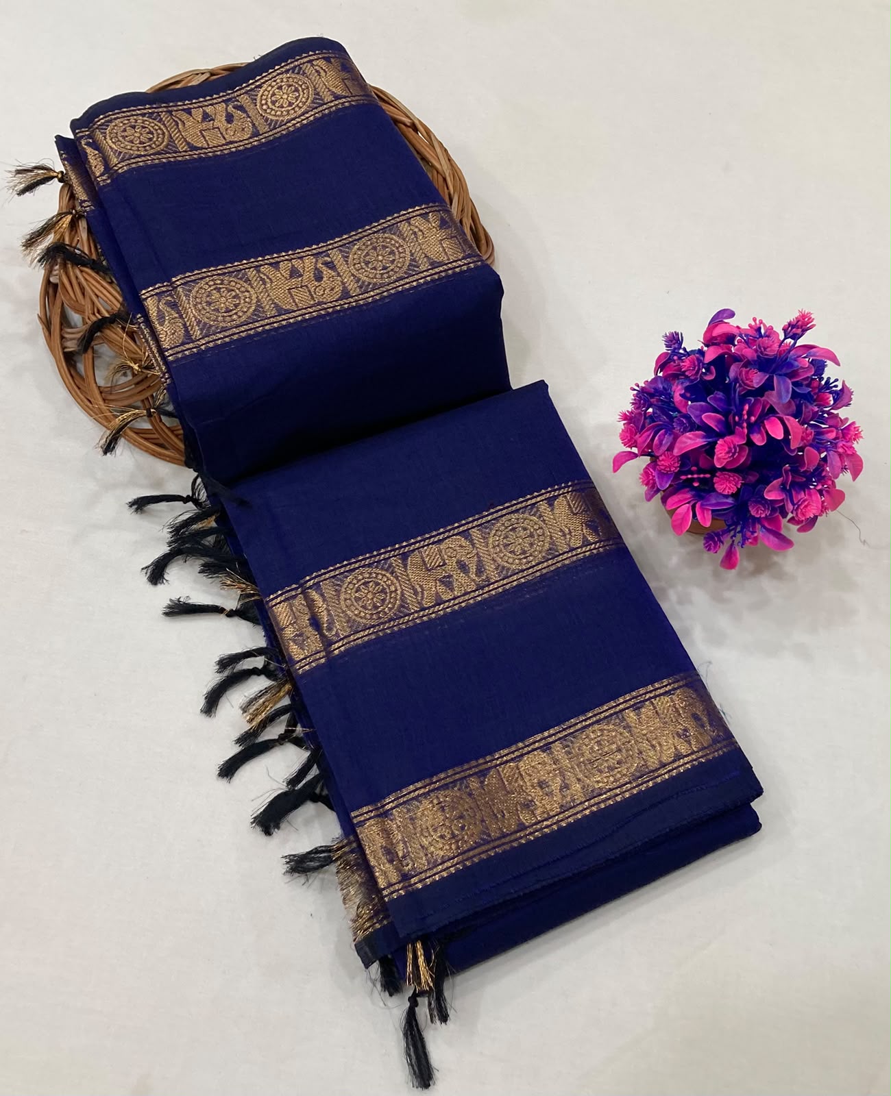 Elegant Silver Gold Border Cotton Saree